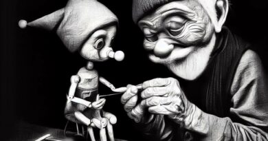 Old wise-looking Gepetto working on Pinocchio