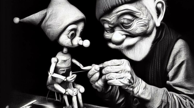 Old wise-looking Gepetto working on Pinocchio